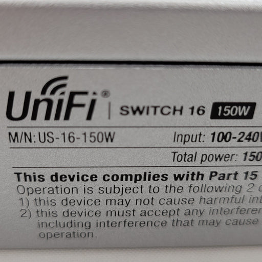 Unifi Switch 16 power supply label with technical specifications.