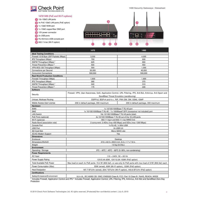 New Checkpoint 1490 Cpap-Sg1490-Ngtp 6-Port Lan Firewall Security Gateway