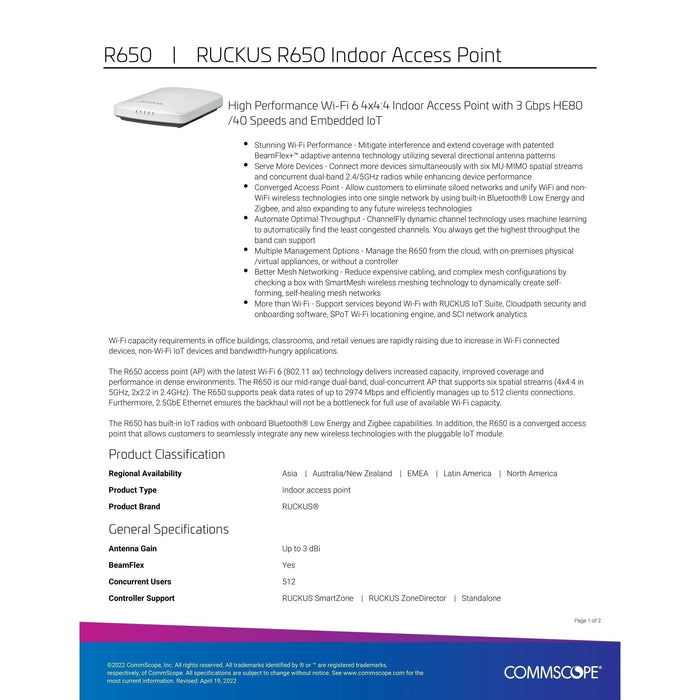 Ruckus 901-R650-Us00 R650 Ax Wi-Fi6 4X4:4 Mu-Mimo Indoor Access Point