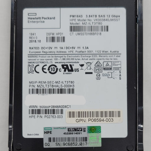 Hpe Vk003840jwsst G8-g10 3.84tb Sas 12g Ds Ssd Drive With