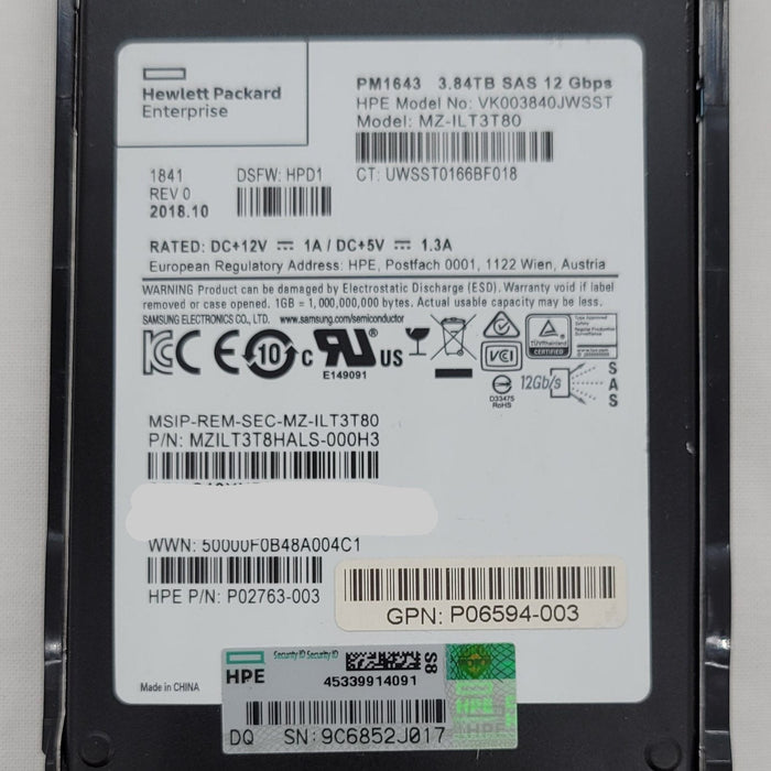 Hpe Vk003840jwsst G8-g10 3.84tb Sas 12g Ds Ssd Drive With
